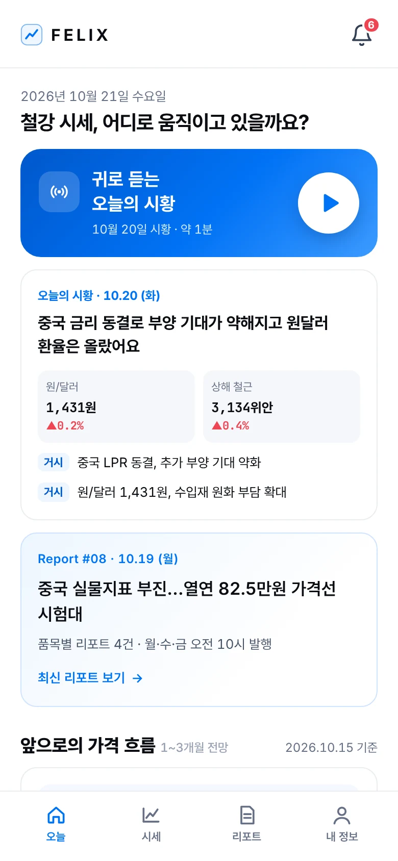 Felix 오늘 화면: 귀로 듣는 오늘의 시황과 최신 리포트